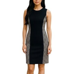 J McLaughlin Black Plaid Printed Panel‎ Wool Cashmere Sheath Dress Size 12